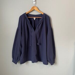 Aerie Navy Blue V Neck Bishop Sleeve Sweatshirt Top Size Women's XL